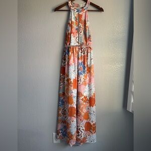 Zesica Halter Neck Maxi Summer Dress Floral Backless Orange/Blue Cruise Size S